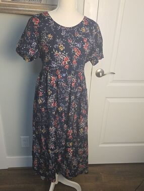 Erika Navy Floral Maxi Dress with Pink and Yellow Flowers 90s Cottagecore